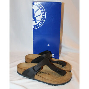 NIB BIRKENSTOCK UNISEX GIZEH BLACK BIRKO-FLOR LEATHER SANDALS NARROW FIT